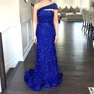 JVN by Jovani Cobalt Blue One-Shoulder Sequin Gown